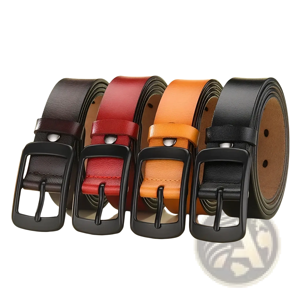 Women’s leather designer belt pin buckle in dark brown red tan and black leather with matching black metal buckles