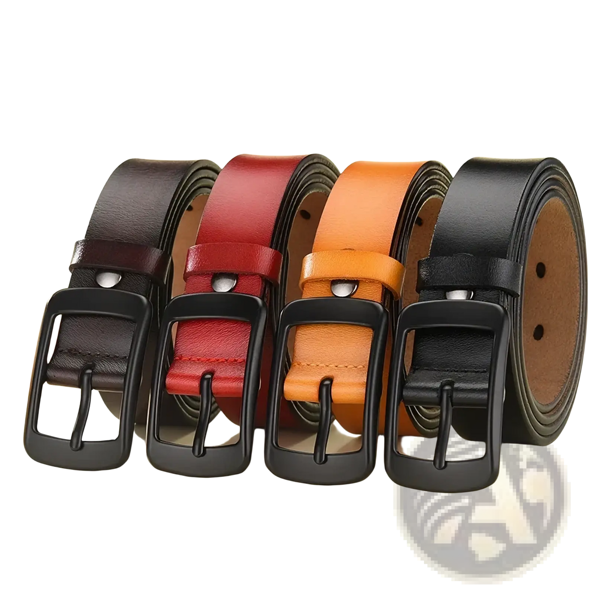 Women’s leather designer belt pin buckle in dark brown red tan and black leather with matching black metal buckles