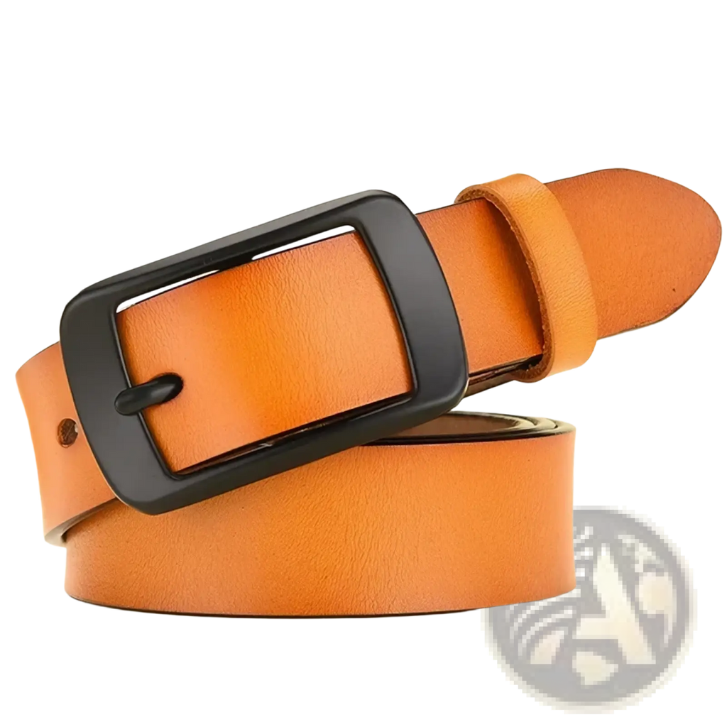 Tan leather women’s designer belt with a black rectangular pin buckle for stylish and secure wear