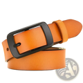 Tan leather women’s designer belt with a black rectangular pin buckle for stylish and secure wear