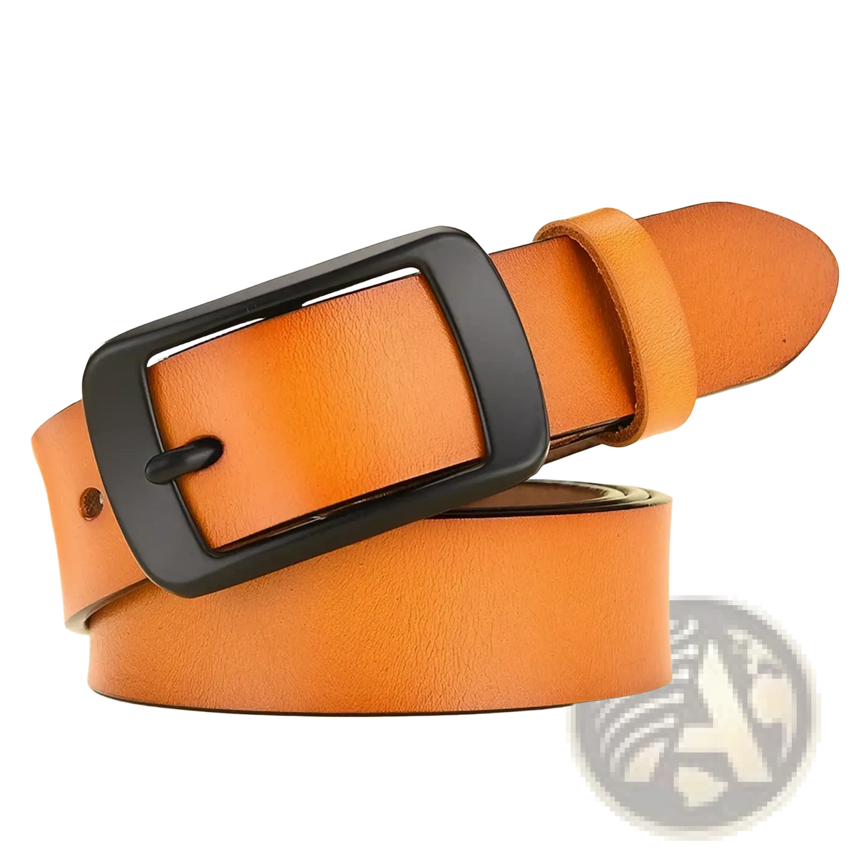 Women’s leather designer belt in tan with a pin black rectangular buckle for stylish waist accessory