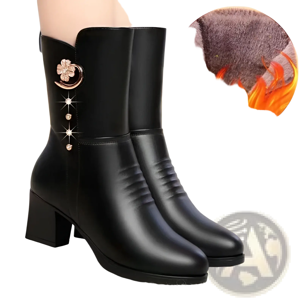 Women’s black leather martin boots featuring a decorative floral brooch and rhinestone accents on the side