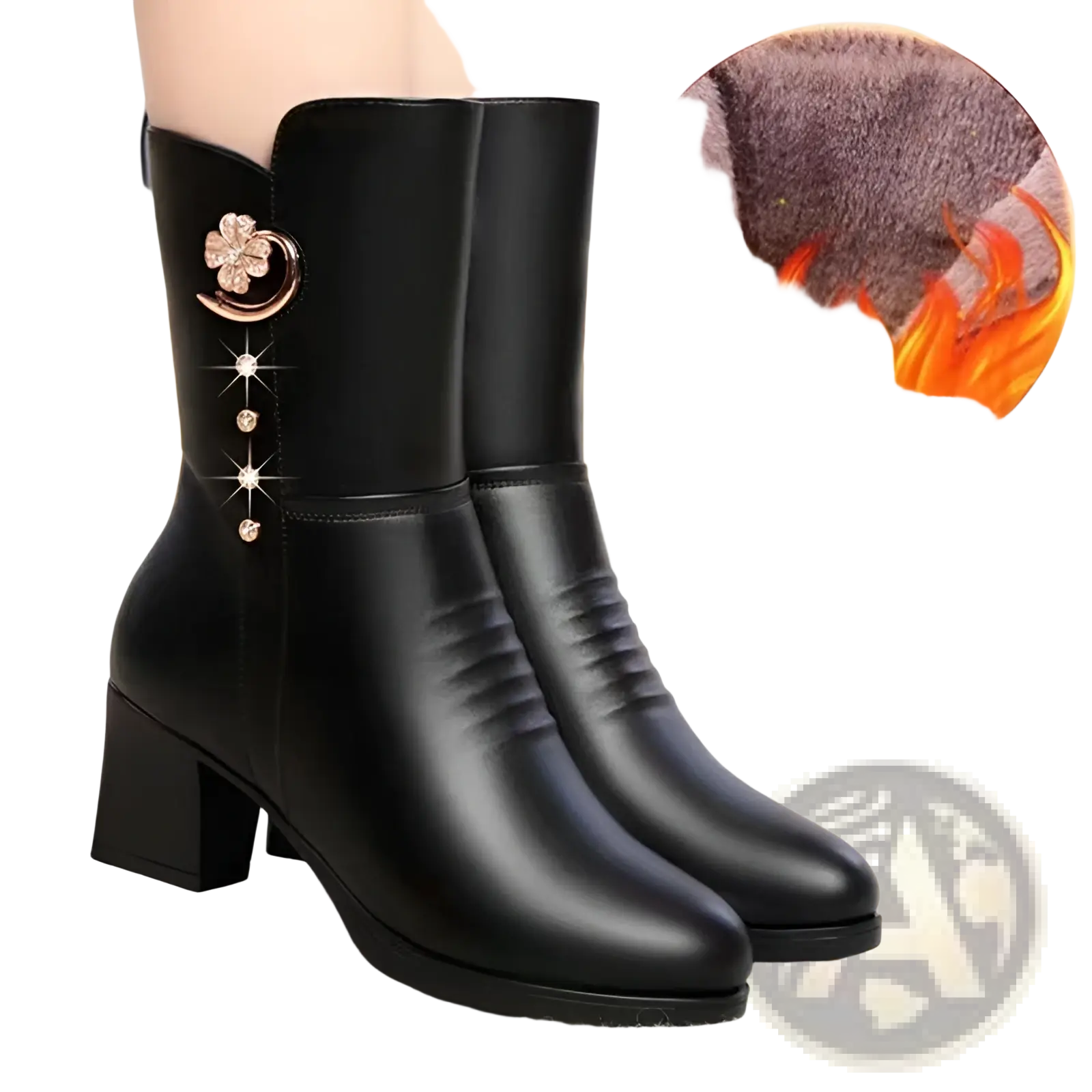 Women’s black leather martin boots featuring a decorative floral brooch and rhinestone accents on the side
