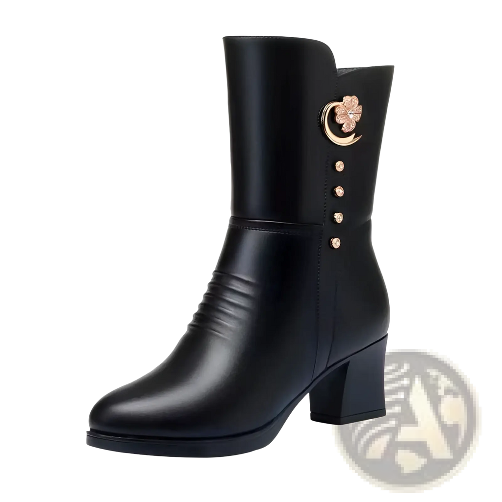 Women’s black leather martin boot with gold-toned floral crescent moon embellishment and four decorative buttons on side
