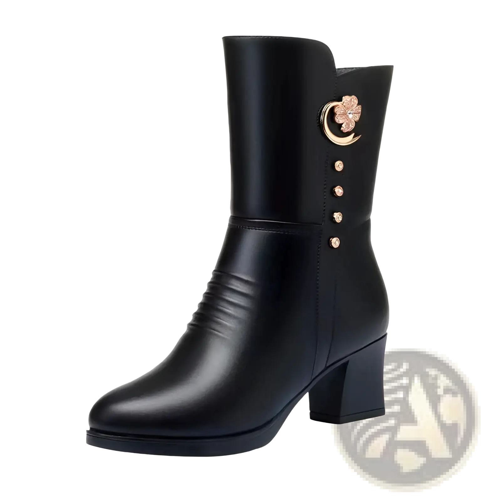 Women’s black leather martin boot with gold-toned floral crescent moon embellishment and four decorative buttons on side