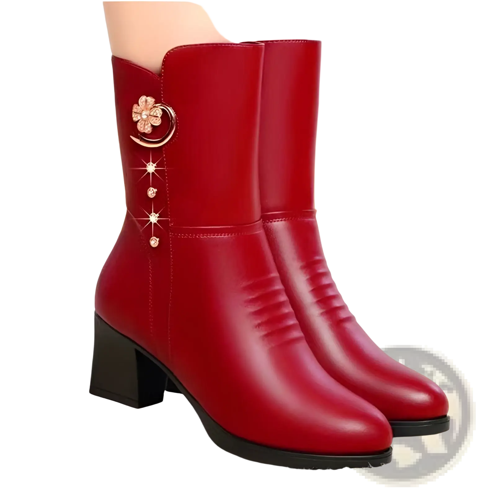 Red leather women’s martin ankle boots with floral brooch and rhinestone accents for stylish wear