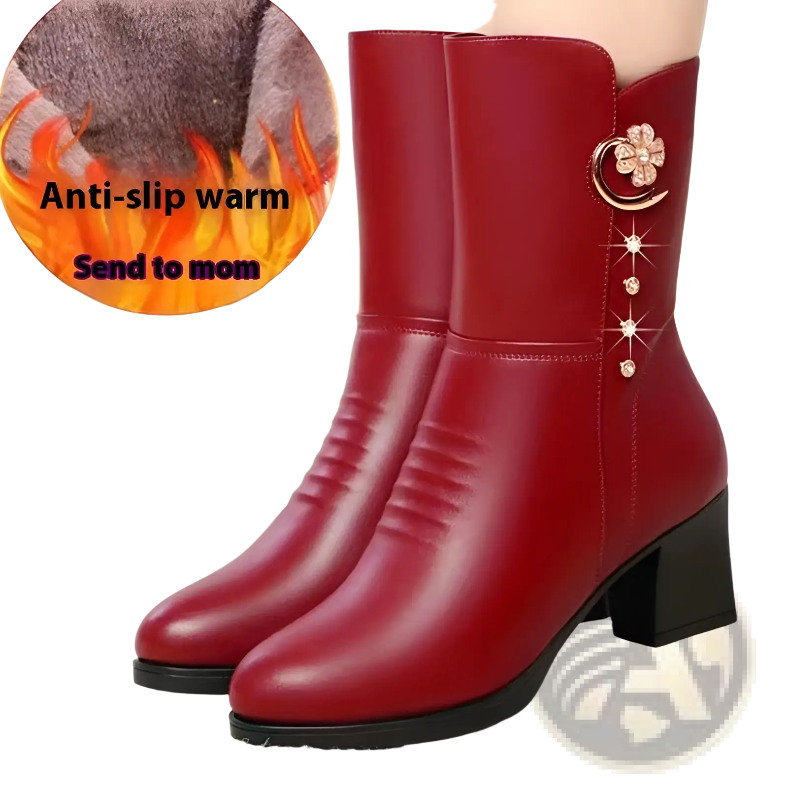 Women’s leather martin boots in red with black block heel and floral crescent moon embellishment on the side