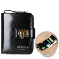 Black leather womens rfid large capacity buckle wallet with gold-tone keyhole clasp and geruola classic branding