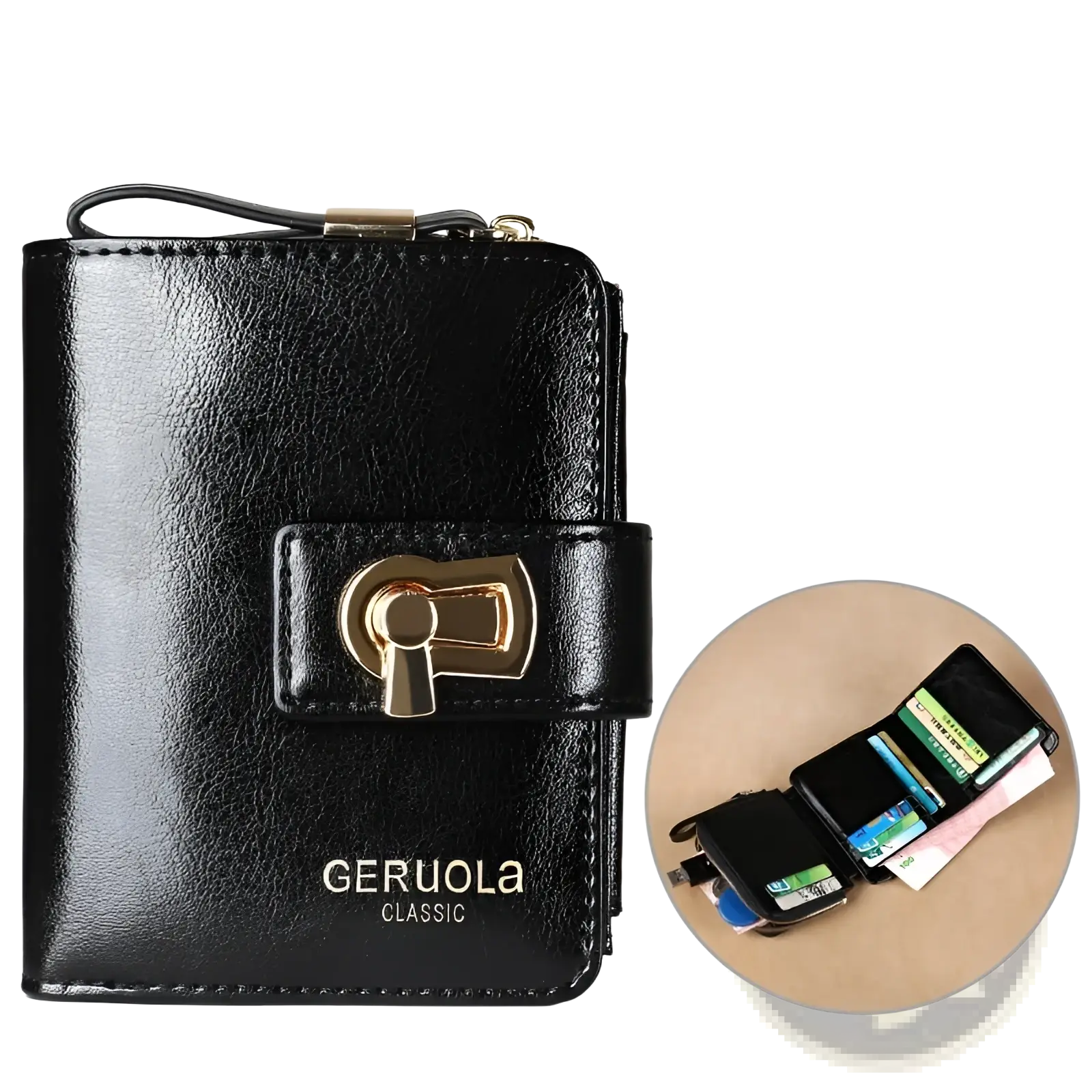Black leather womens rfid large capacity buckle wallet with gold-tone keyhole clasp and geruola classic branding