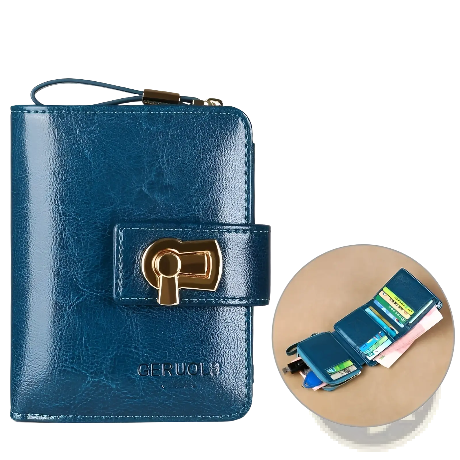 Peacock blue women’s leather RFID large capacity multifunctional anti-theft wallet with gold key clasp and textured finish