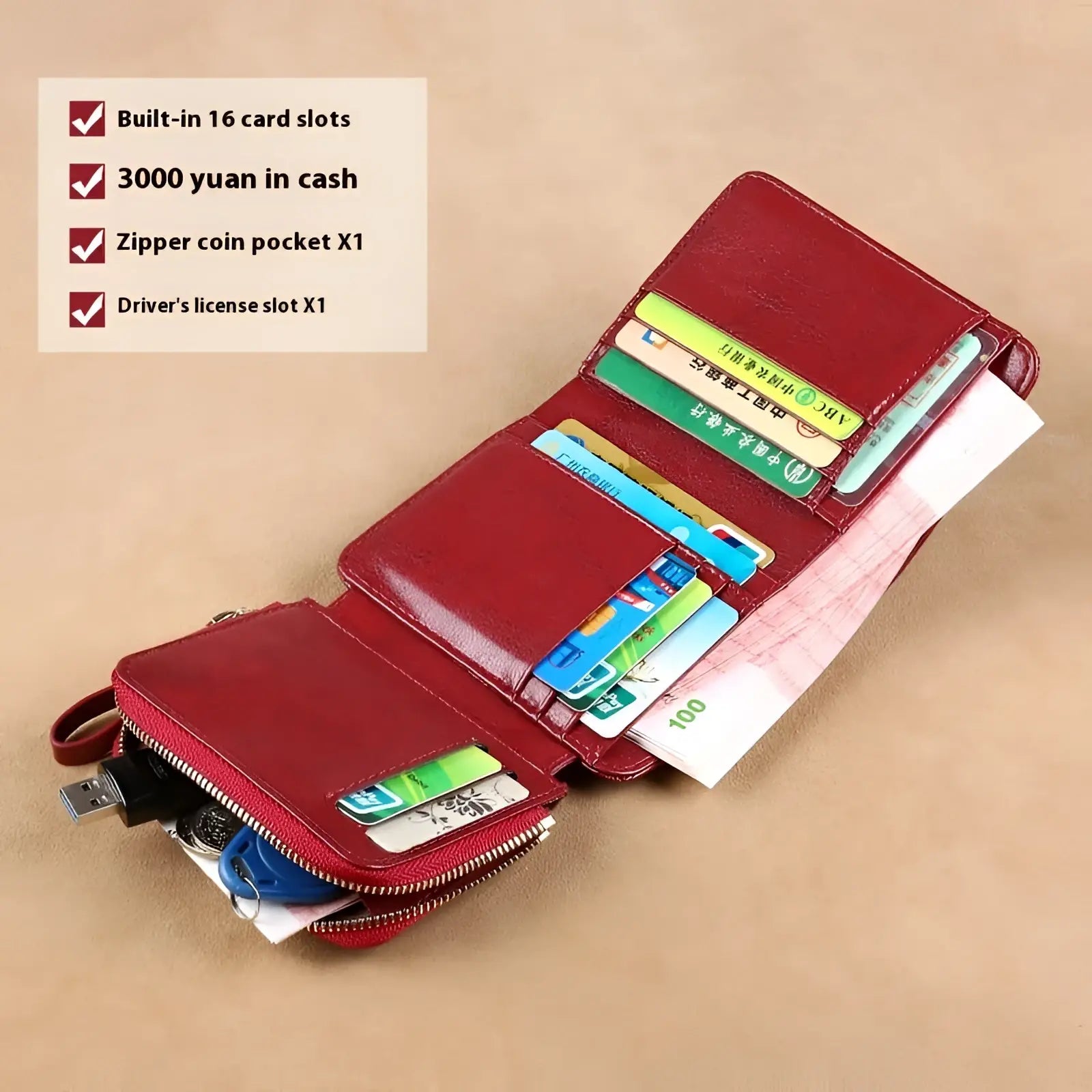 Red leather womens rfid large capacity buckle wallet with 16 card slots zipper coin pocket and drivers license slot