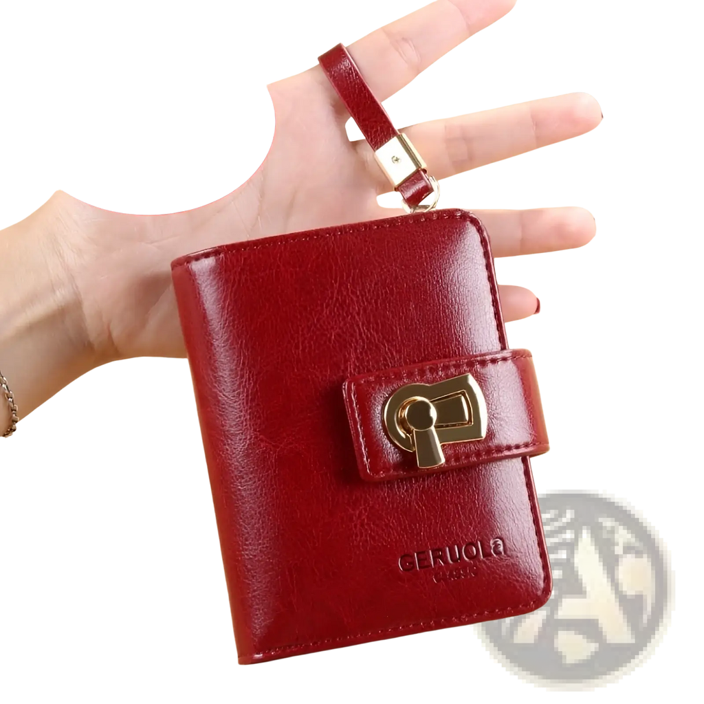 Red leather women’s wallet with rfid protection large capacity gold-tone keyhole clasp and matching wrist strap