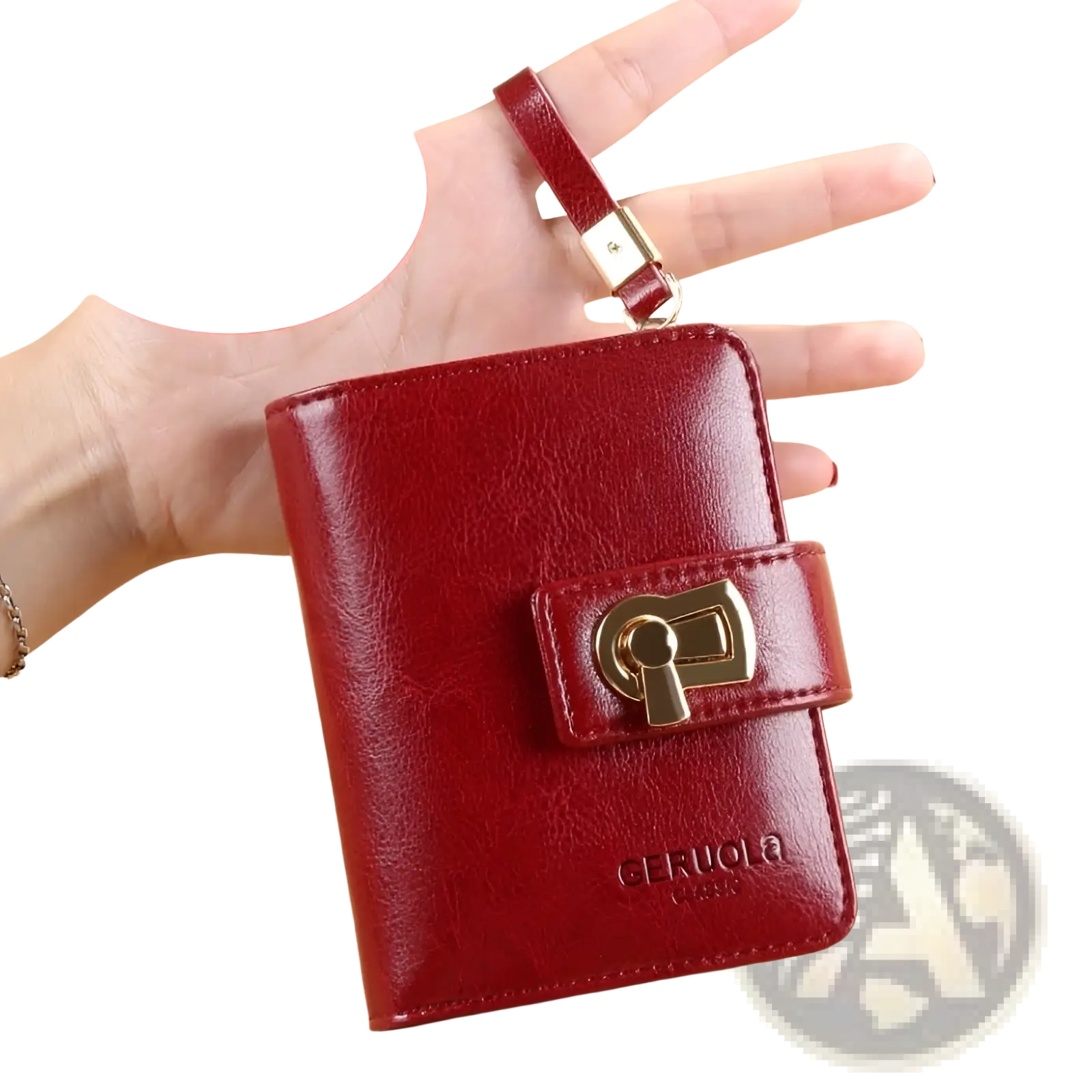 Red leather women’s wallet with rfid protection large capacity gold-tone keyhole clasp and matching wrist strap