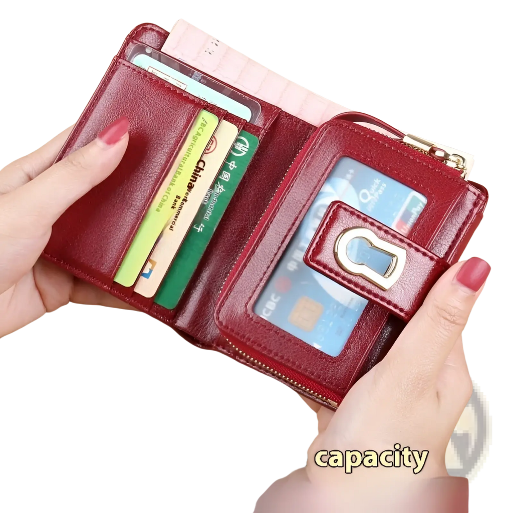 Red leather womens rfid large capacity buckle wallet with gold-tone keyhole clasp and multiple card slots