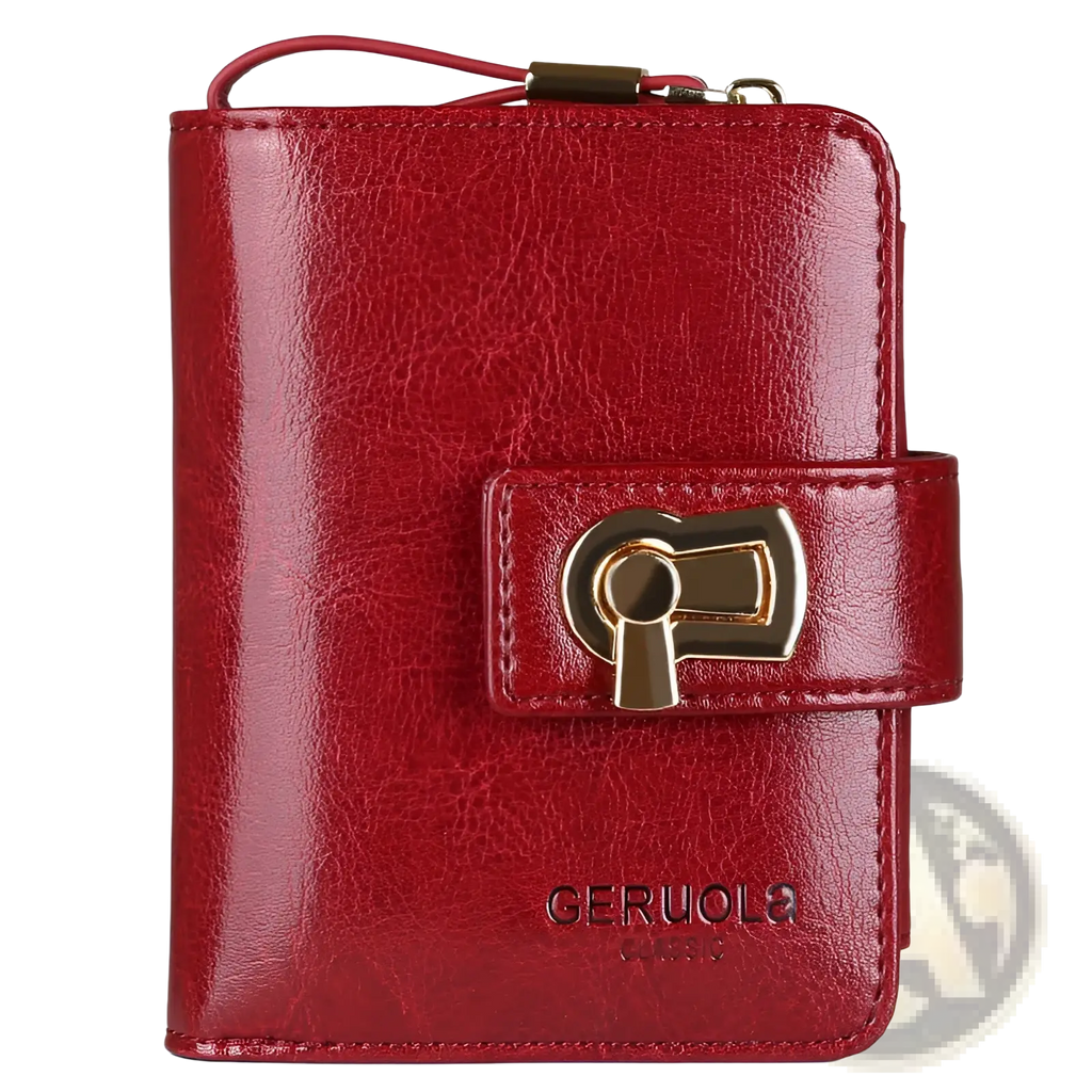 Red leather womens rfid large capacity buckle wallet with gold-tone keyhole clasp and matching wrist strap