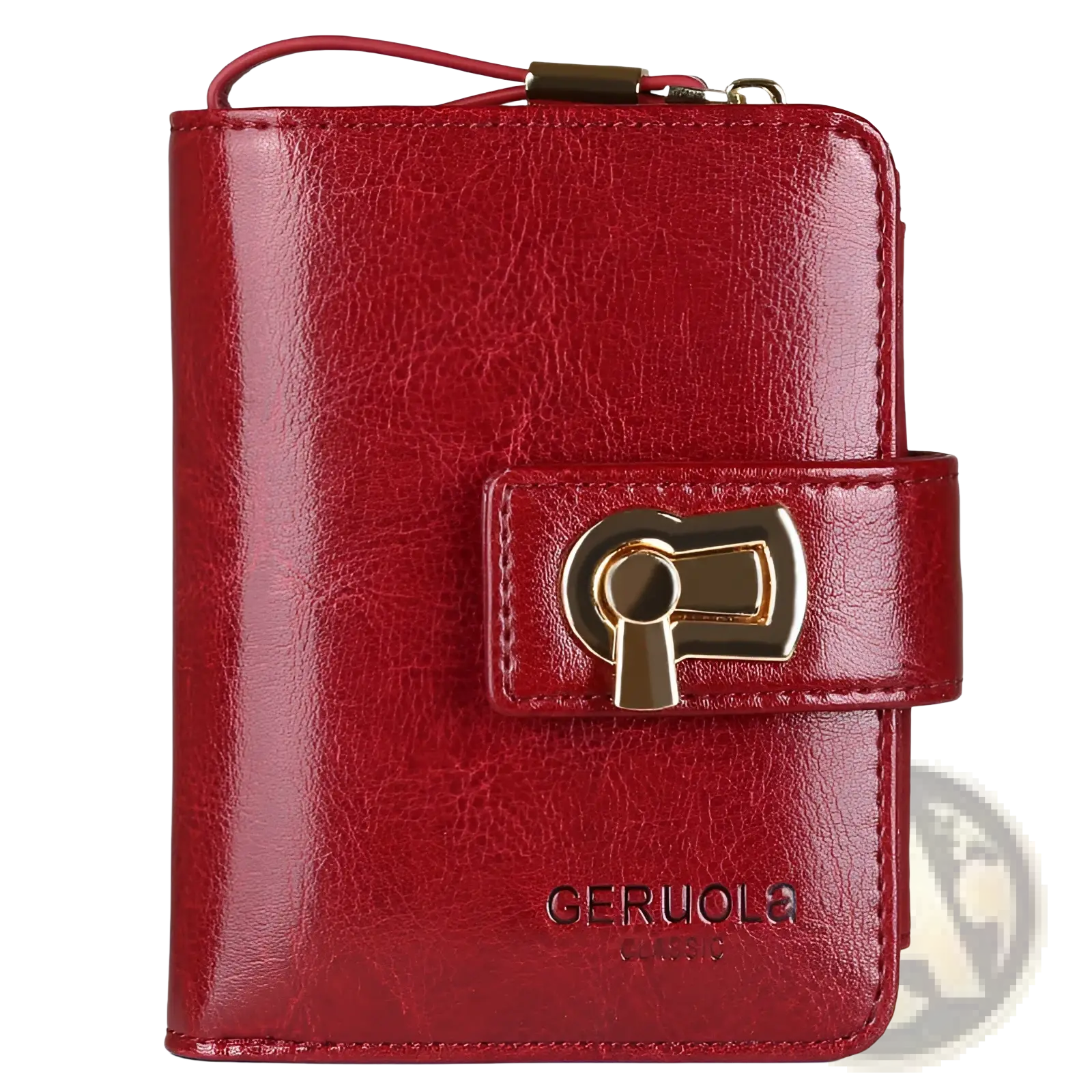 Red leather womens rfid large capacity buckle wallet with gold-tone keyhole clasp and matching wrist strap