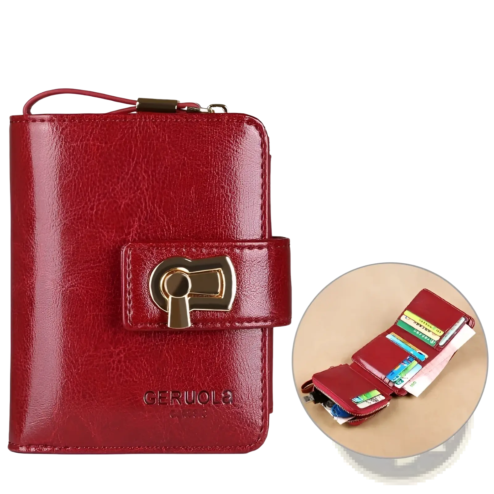 Women’s leather rfid large capacity buckle wallet in burgundy with gold-tone key-shaped clasp and rfid protection