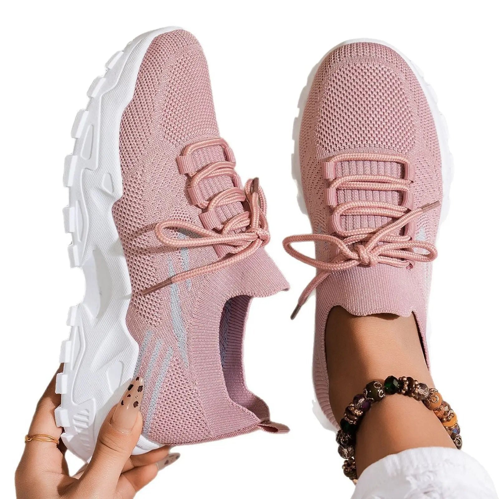 Women’s lightweight breathable mesh lace up sports shoes in pink knit with white chunky sole and matching laces