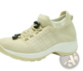 Beige knit women’s lightweight fly knit casual sneaker with black lace-tighteners and white rubber sole