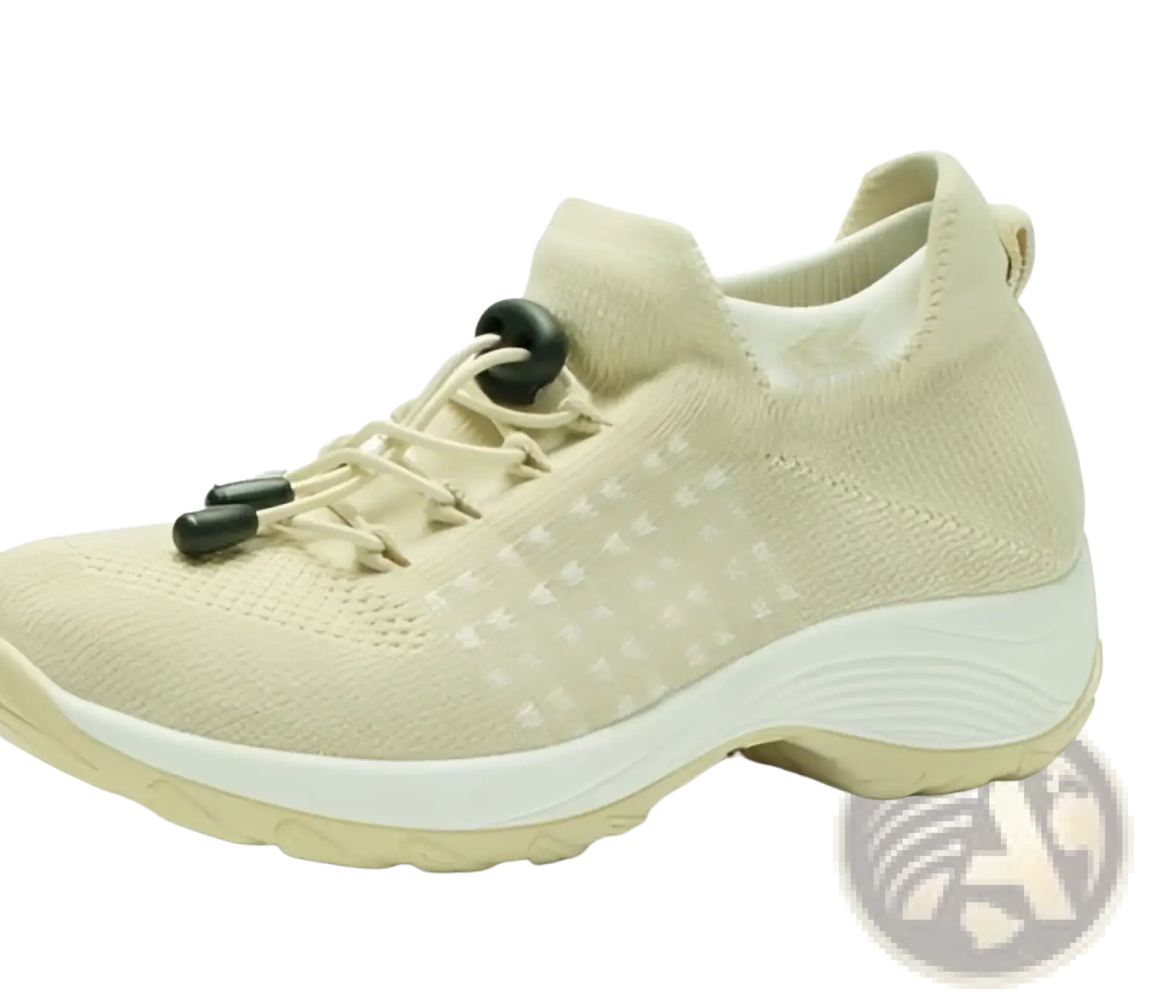 Beige knit women’s lightweight fly knit casual sneaker with black lace-tighteners and white rubber sole