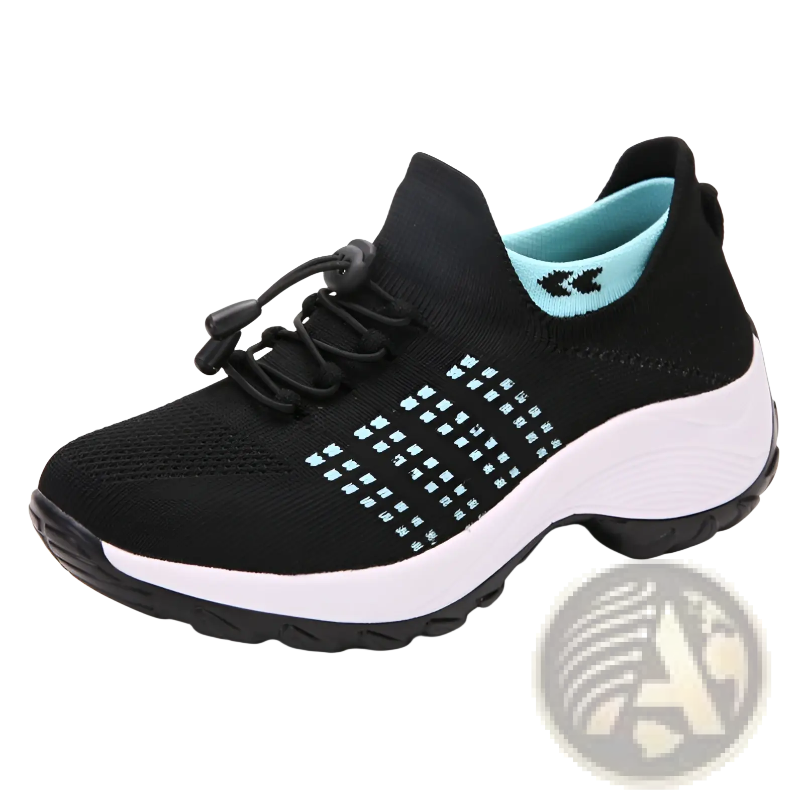 Women’s lightweight fly knit casual sneaker in black knit with light blue accents and a white midsole