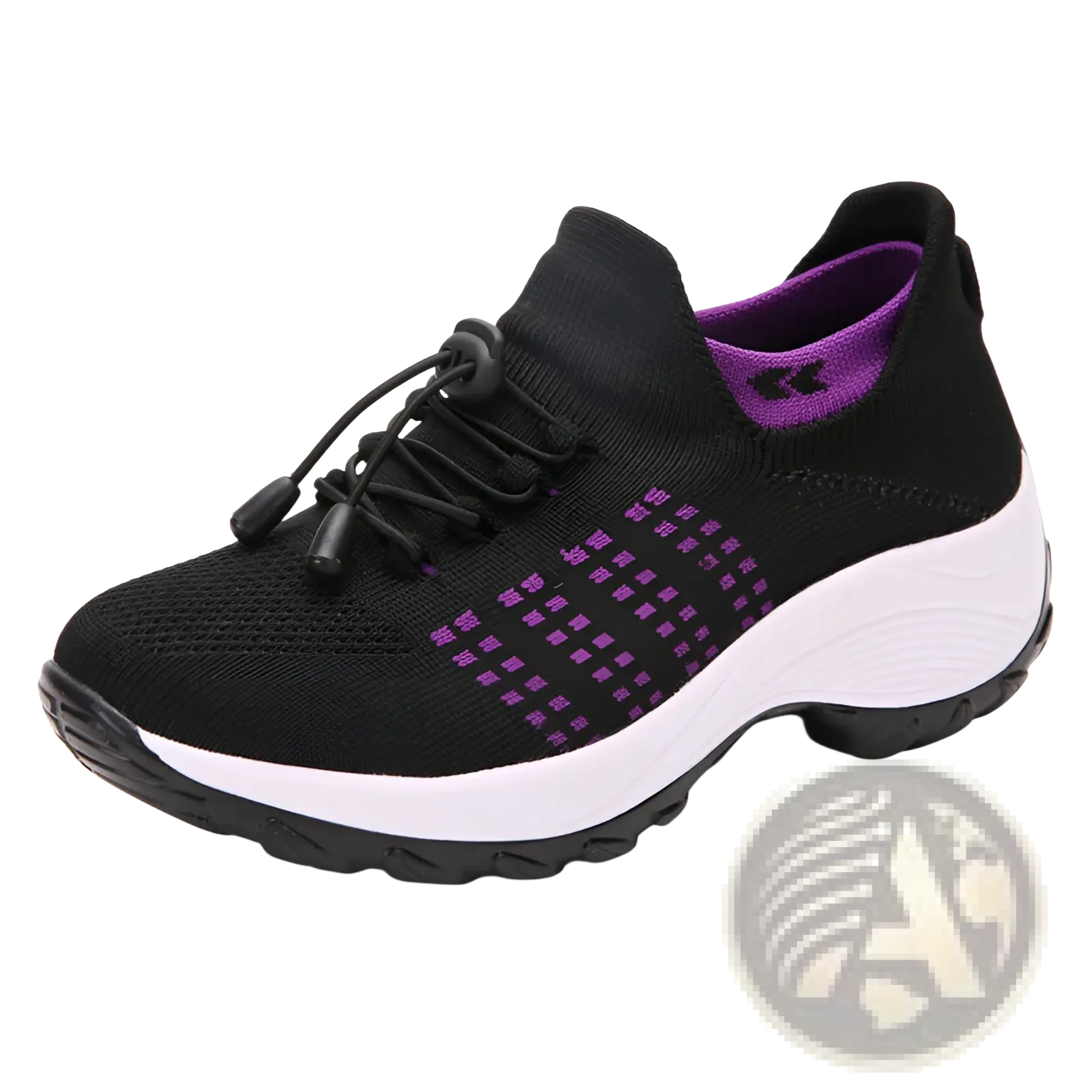 Women’s lightweight fly knit casual sneaker in black with purple accents and white midsole made of knit material
