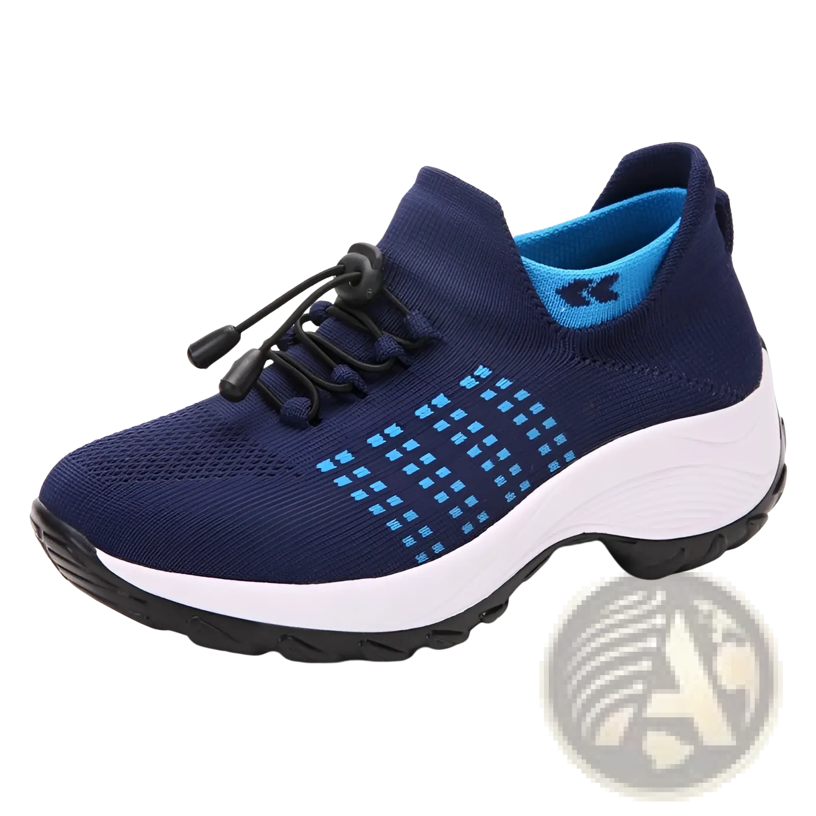 Navy blue womens lightweight fly knit casual sneaker with light blue geometric patterns and white midsole