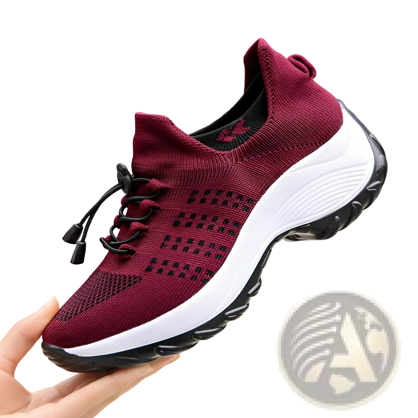 Women’s lightweight fly knit casual sneaker in maroon with black laces and white midsole for everyday wear