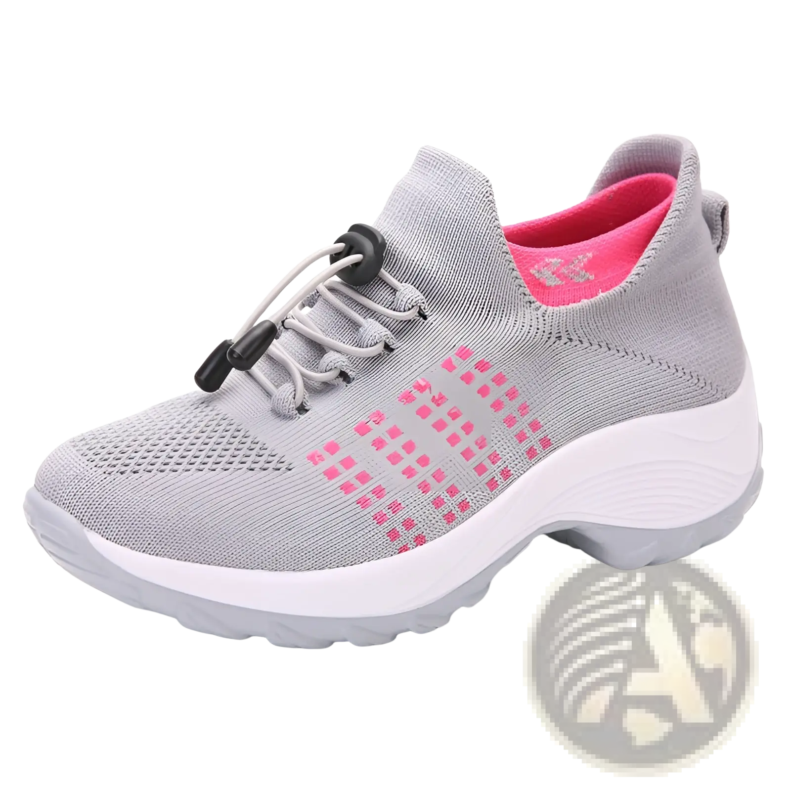 Women’s lightweight fly knit casual sneaker in gray knit with pink accents and white rubber sole for everyday wear