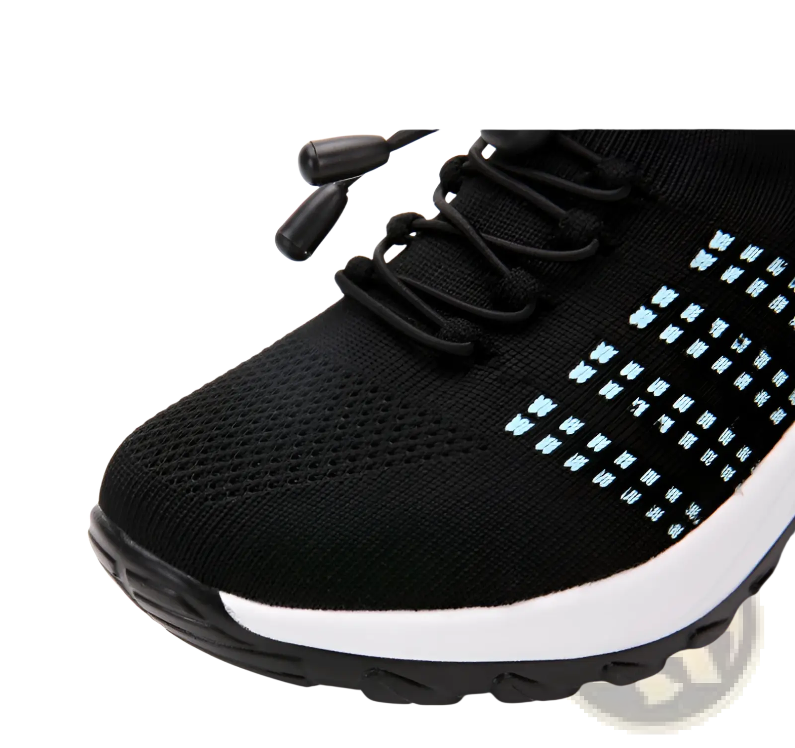 Women’s lightweight fly knit casual sneaker in black with light blue embroidered patterns and a white midsole