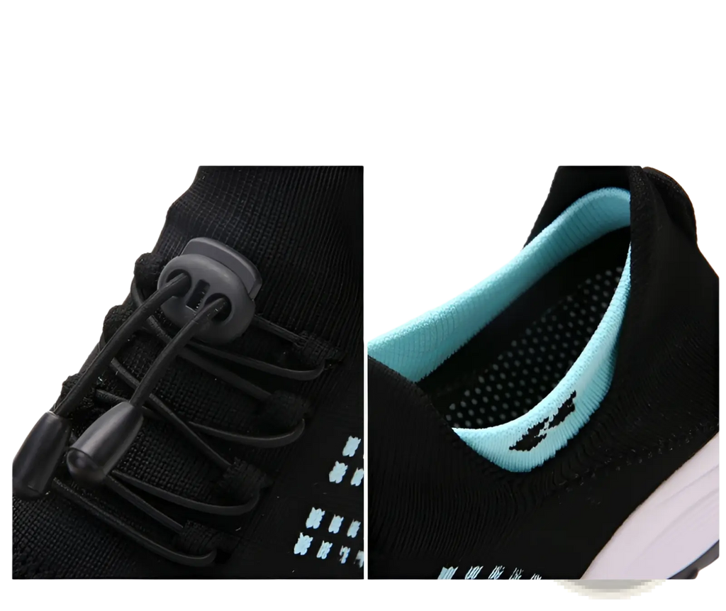 Women’s lightweight fly knit casual sneakers in black with light blue lining, elastic laces, and gray toggle closures