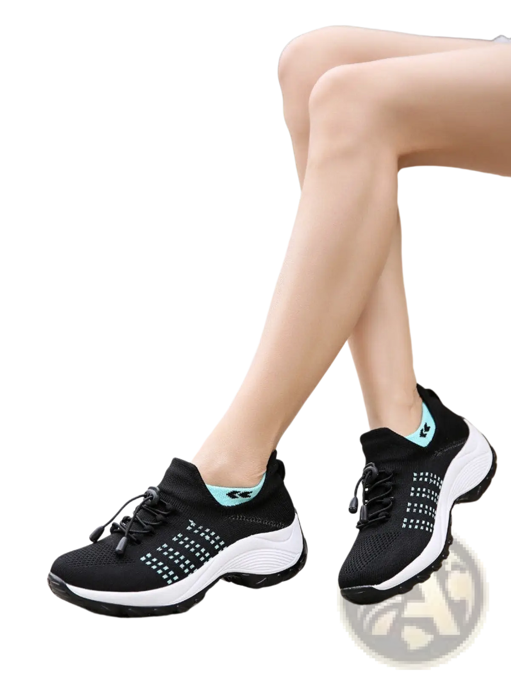 Women’s lightweight fly knit casual sneaker in black with white rubber sole and light blue accents on tongue and laces