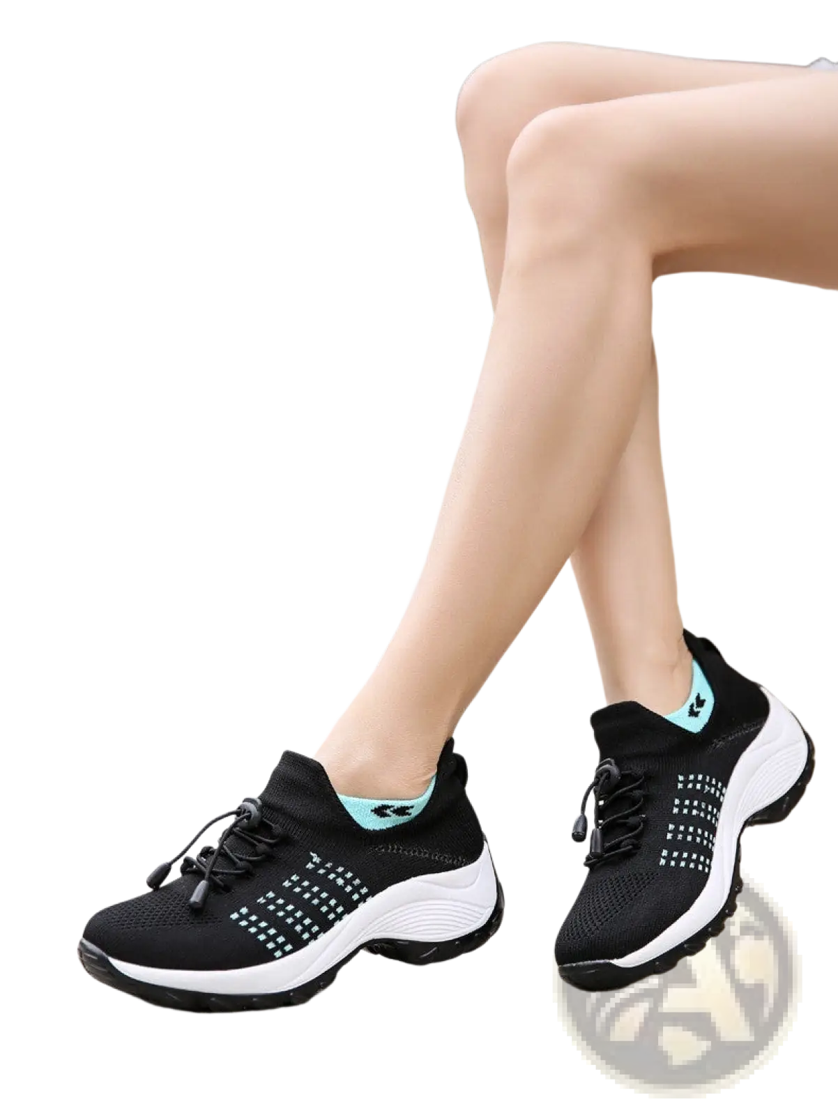 Women’s lightweight fly knit casual sneaker in black with white rubber sole and light blue accents on tongue and laces