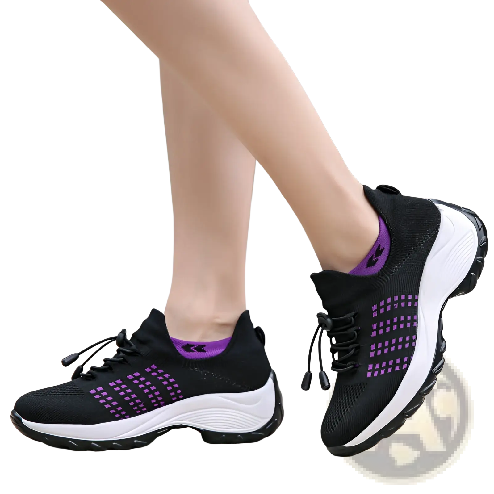 Women’s lightweight fly knit casual sneakers in black and purple with white midsole and chunky rubber outsole