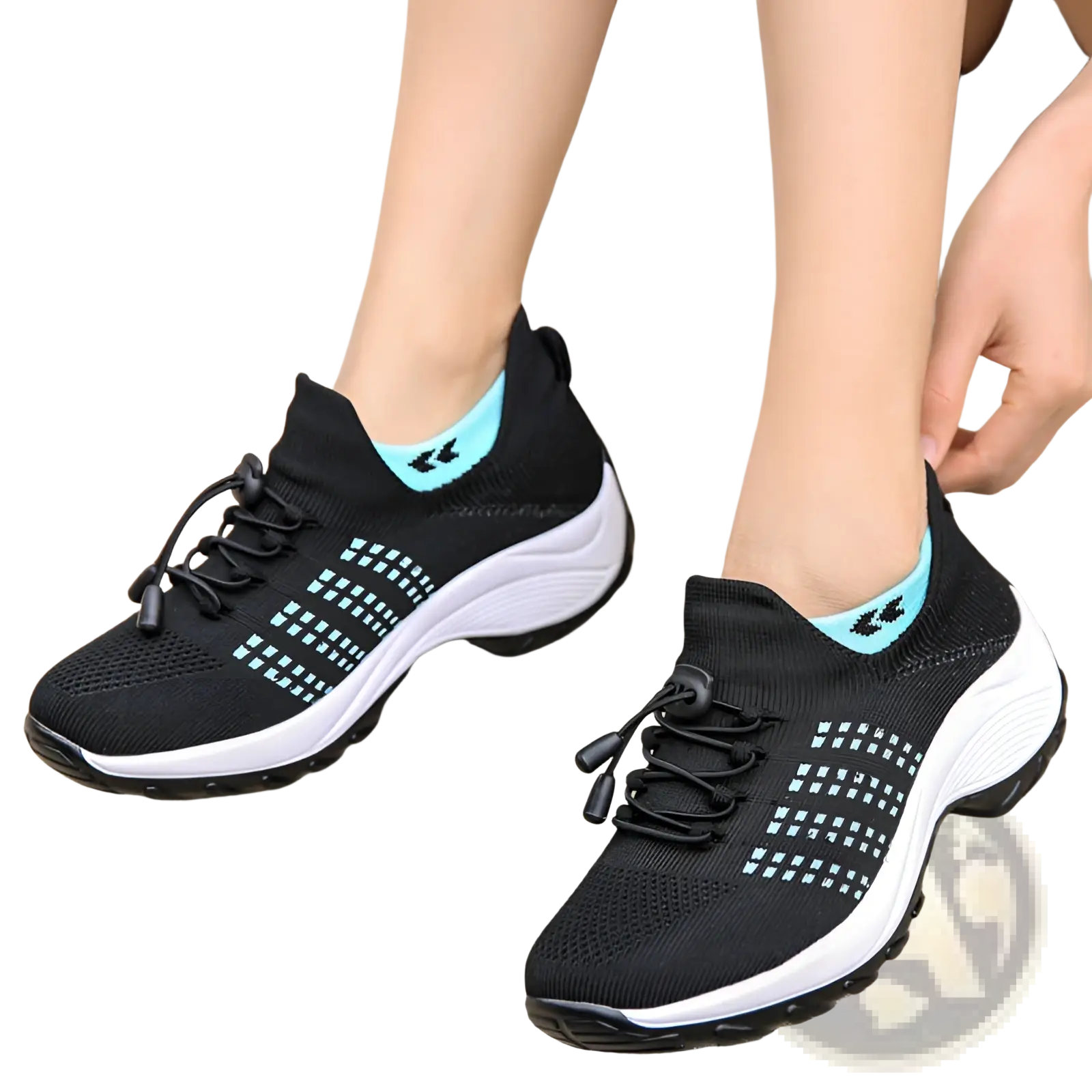 Women’s lightweight fly knit casual sneakers in black knit with light blue accents and white soles