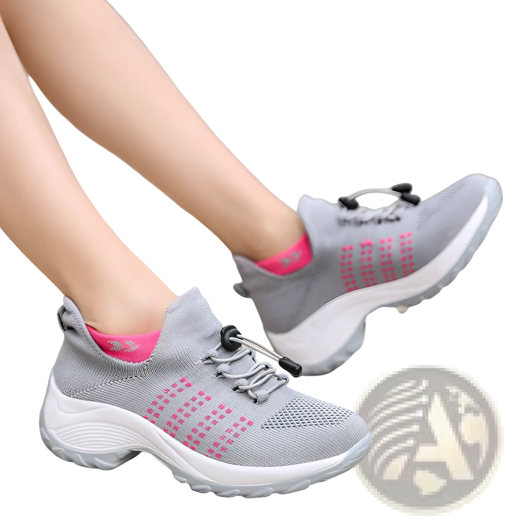 Women’s lightweight fly knit casual sneakers in gray and pink with chunky white sole for everyday wear