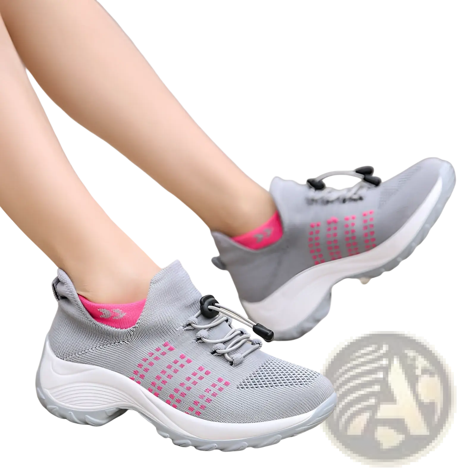 Women’s lightweight fly knit casual sneakers in gray and pink with chunky white sole for everyday wear