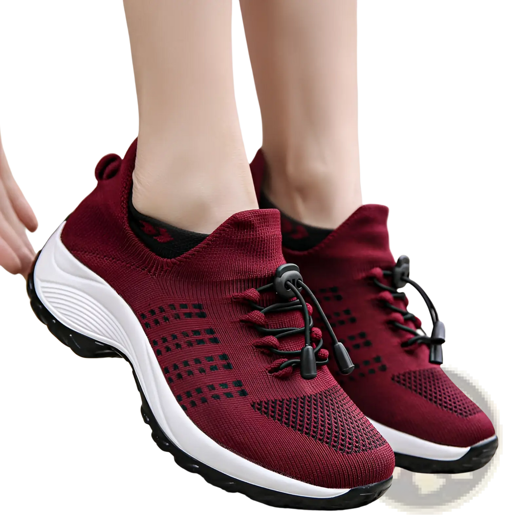 Women’s lightweight fly knit casual sneakers in maroon knit with black laces and a white midsole
