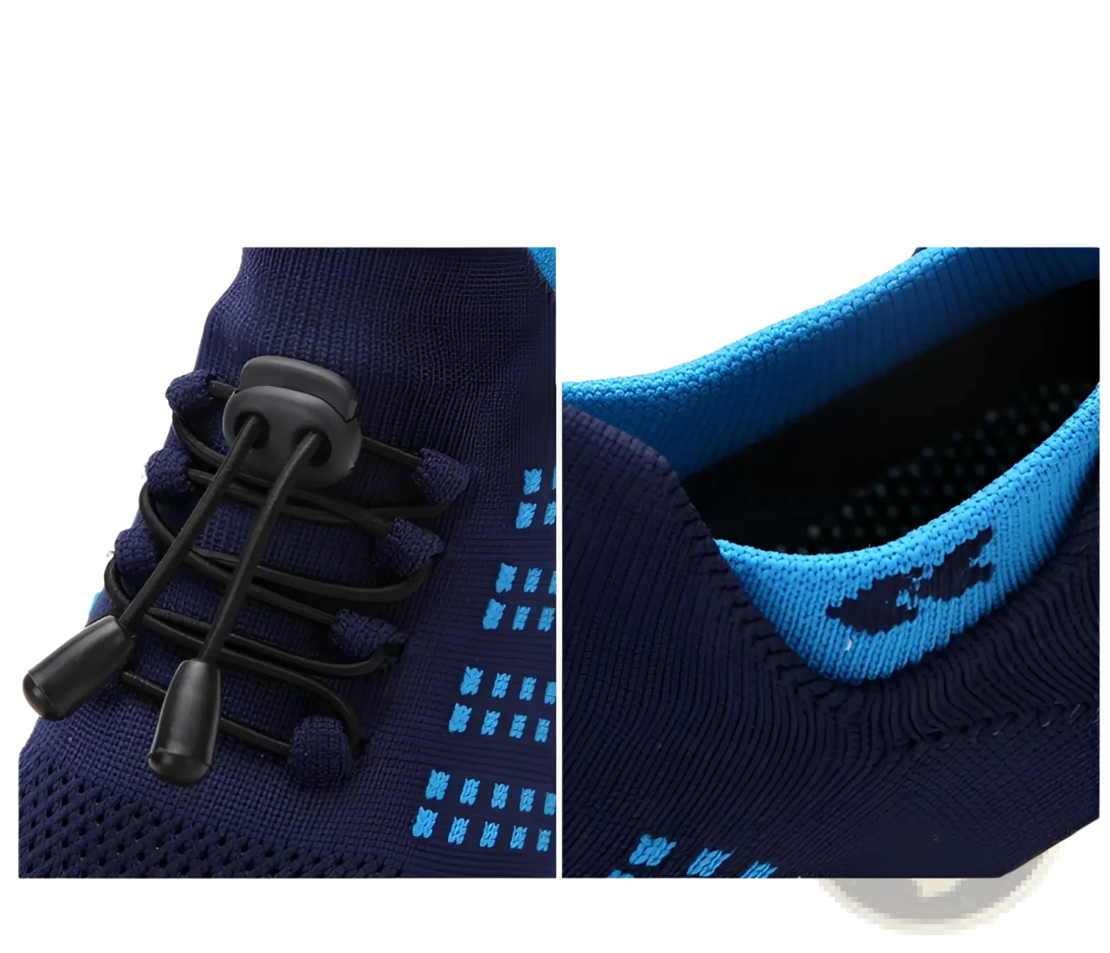 Navy blue women’s lightweight fly knit casual sneaker with light blue accents and elastic laces with black aglets