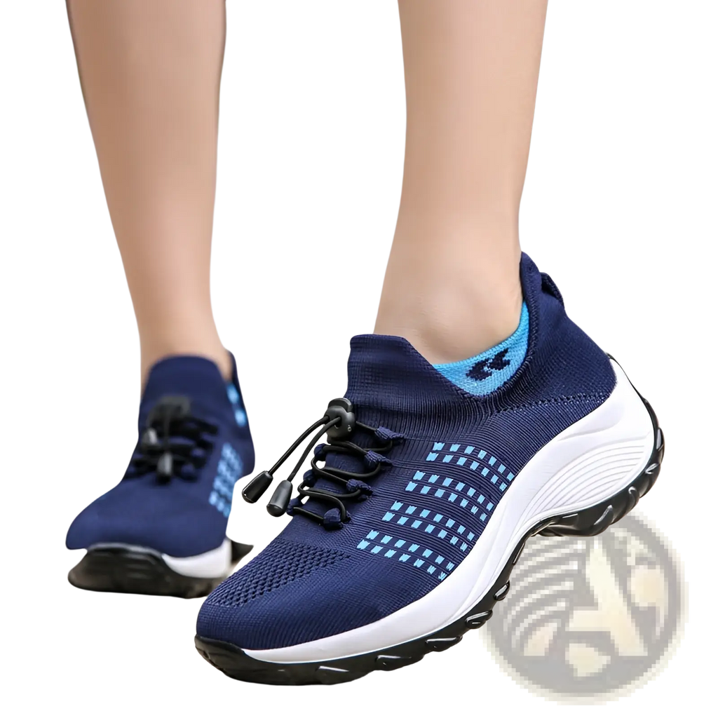 Women’s lightweight fly knit casual sneakers in navy and light blue knit with white midsole and black outsole