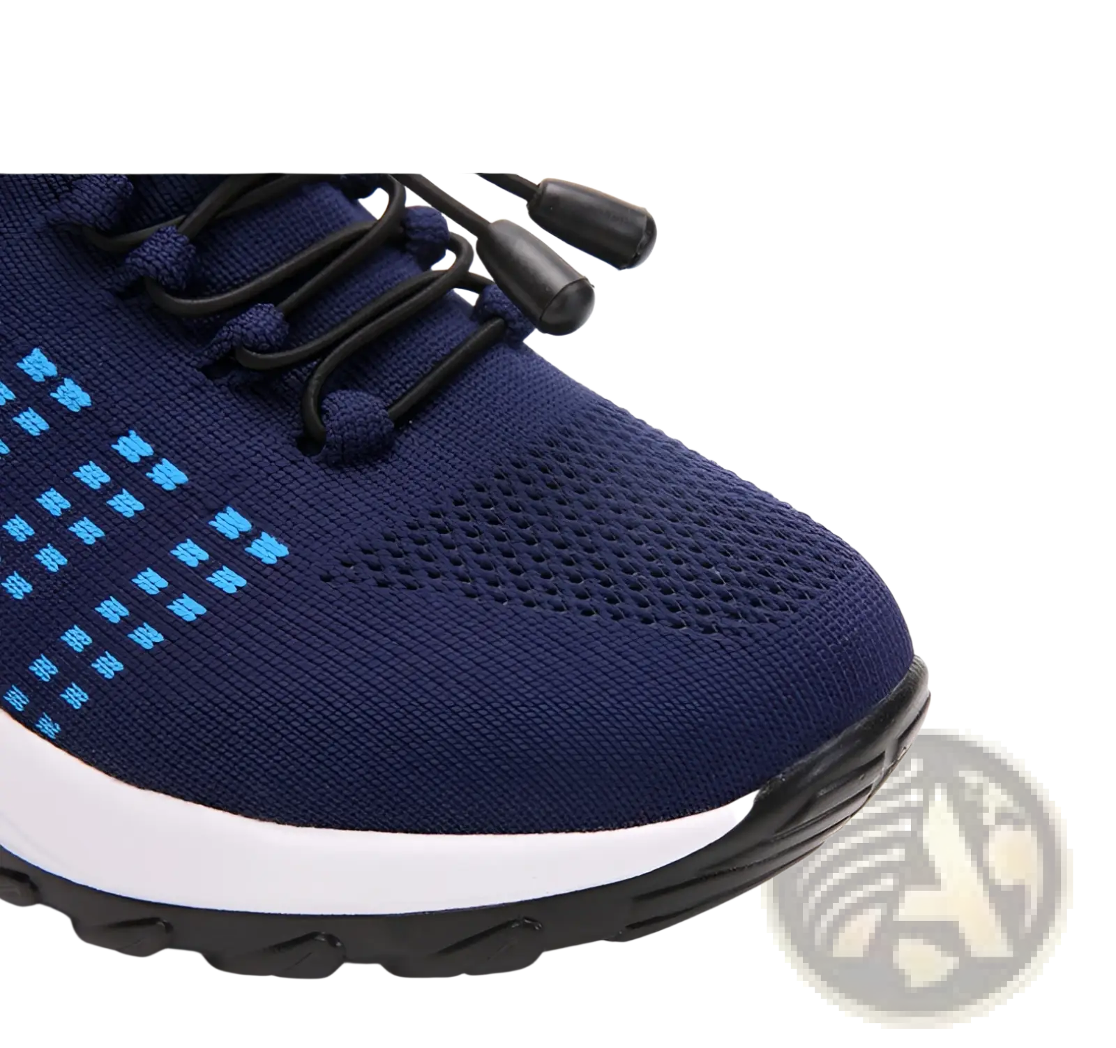Women’s lightweight fly knit casual sneakers navy blue knit with light blue pixel patterns and black laces with plastic aglets