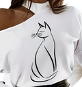 White off-the-shoulder long sleeve top with minimalist black line art of a seated cat for women