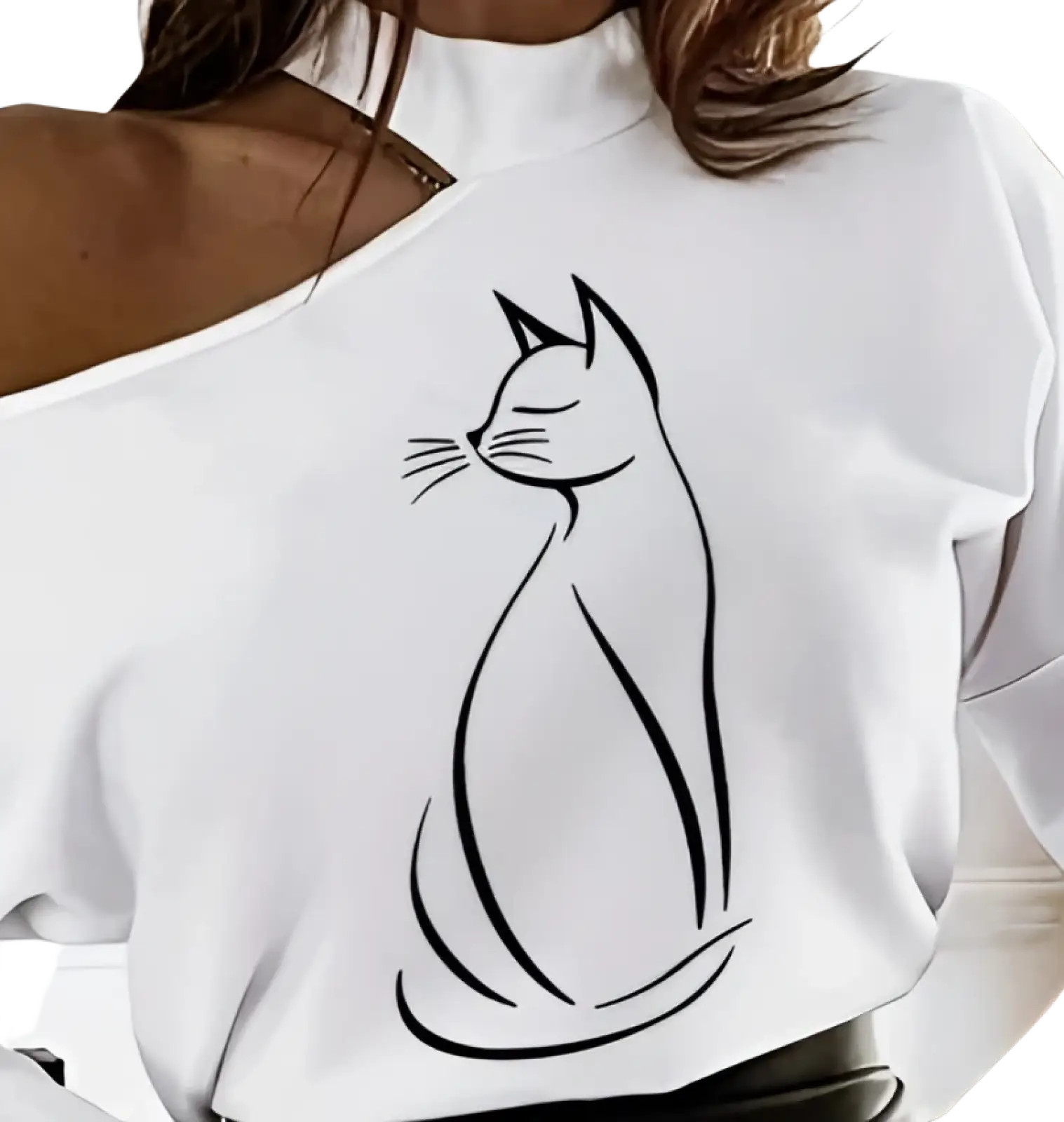 White off-the-shoulder long sleeve top with minimalist black line art of a seated cat for women