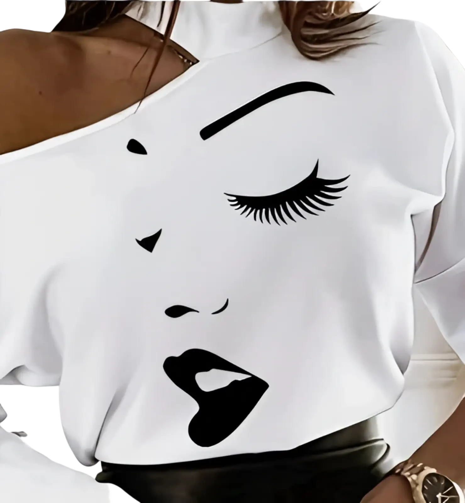 White off-the-shoulder long sleeve top featuring bold black line art graphic of a stylized face with closed eyes and lips