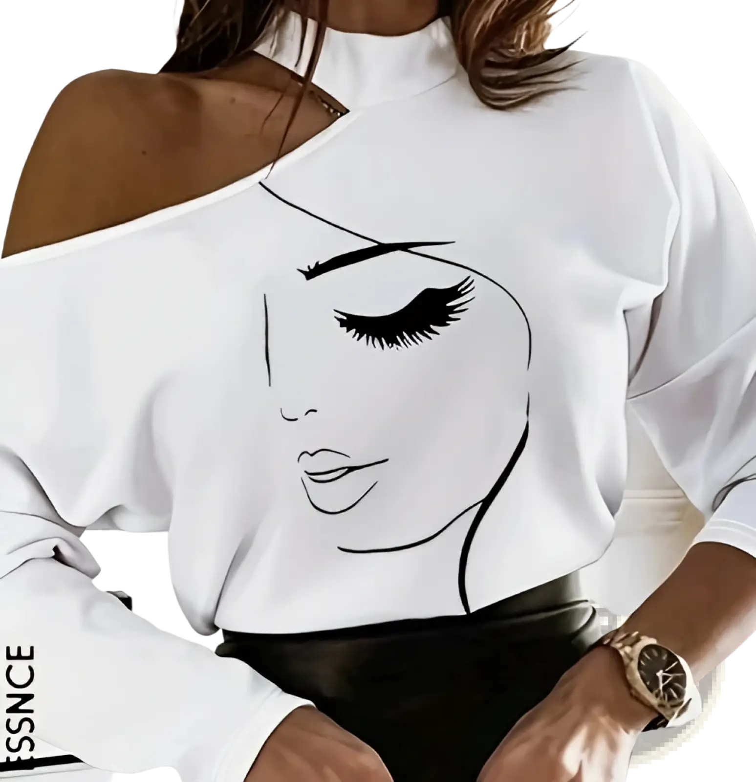 White long sleeve off-the-shoulder top with black line art illustration of woman’s face, featuring long lashes and defined lips