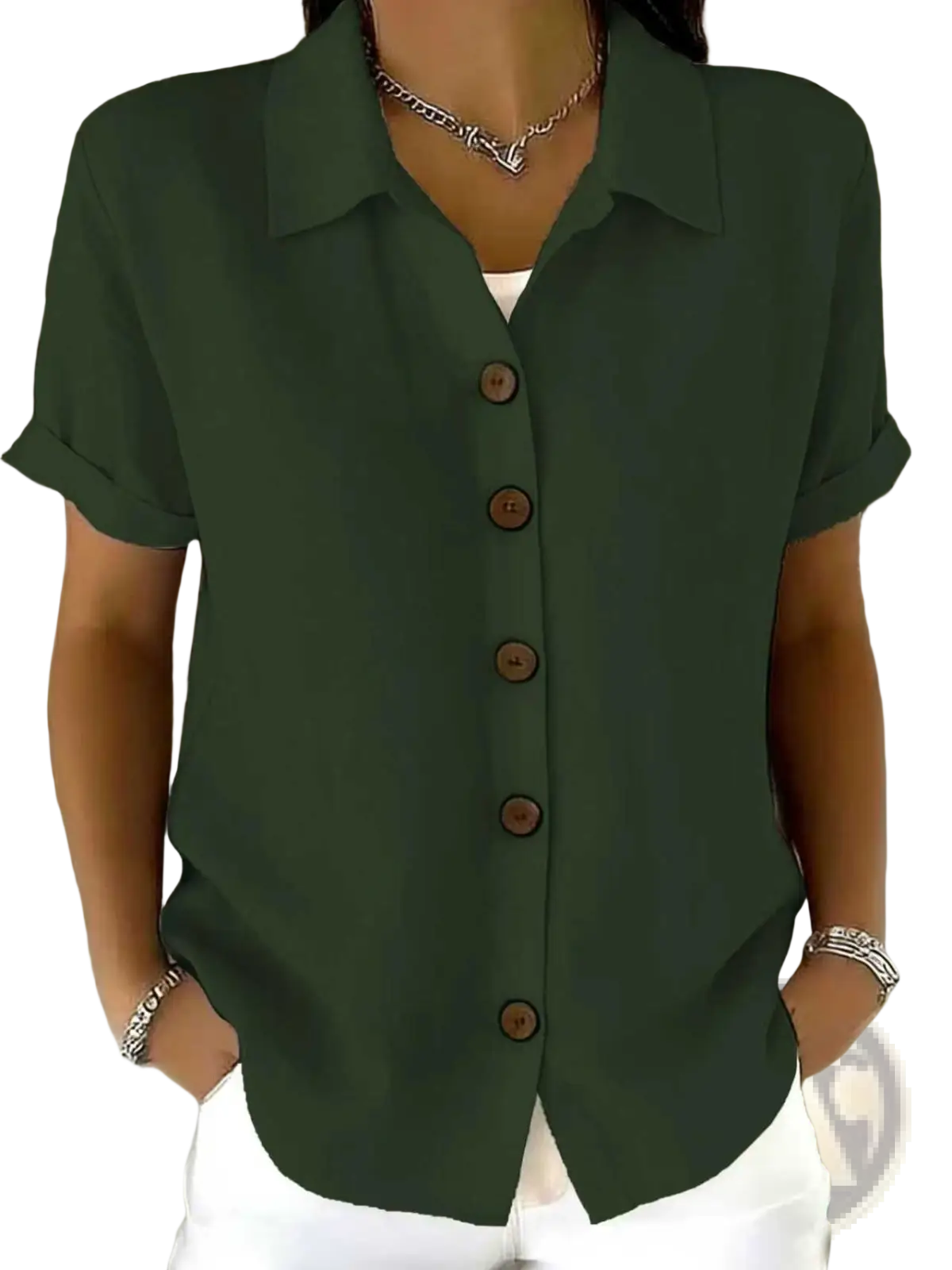 Dark green women’s linen blend short sleeve shirt with wooden buttons and rolled cuffs