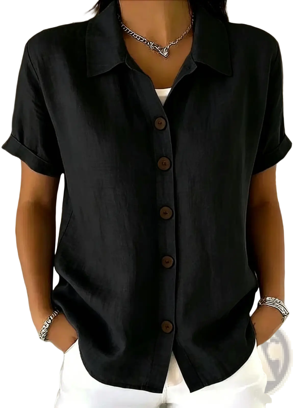 Women’s black linen blend short sleeve shirt with collar and brown buttons featuring rolled cuffs