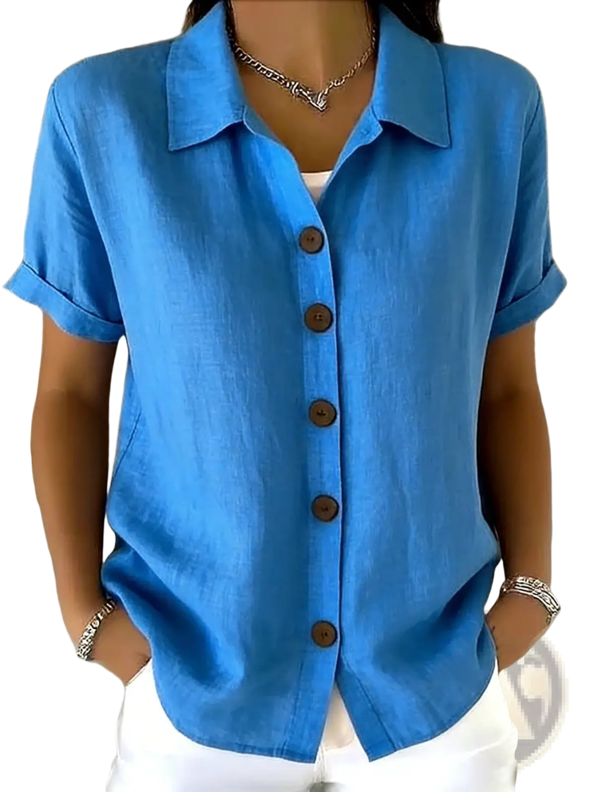 Women’s linen blend bright blue short sleeve shirt with rolled cuffs and brown wooden buttons