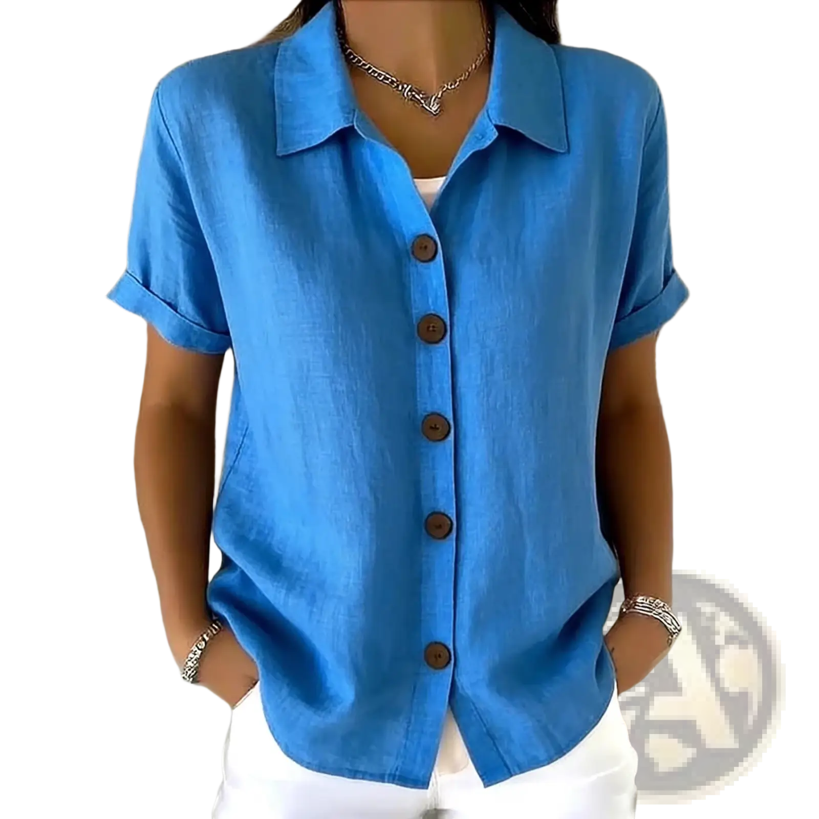 Bright blue women’s linen blend short sleeve shirt with rolled cuffs and wooden buttons
