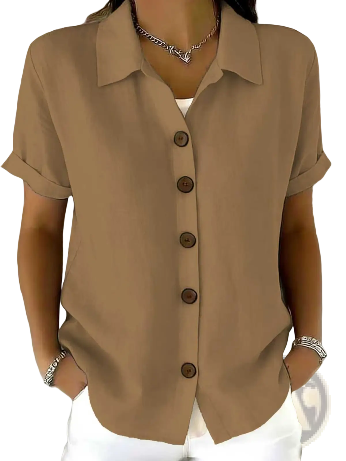 Beige women’s linen blend short sleeve shirt with rolled cuffs and dark brown buttons for casual wear